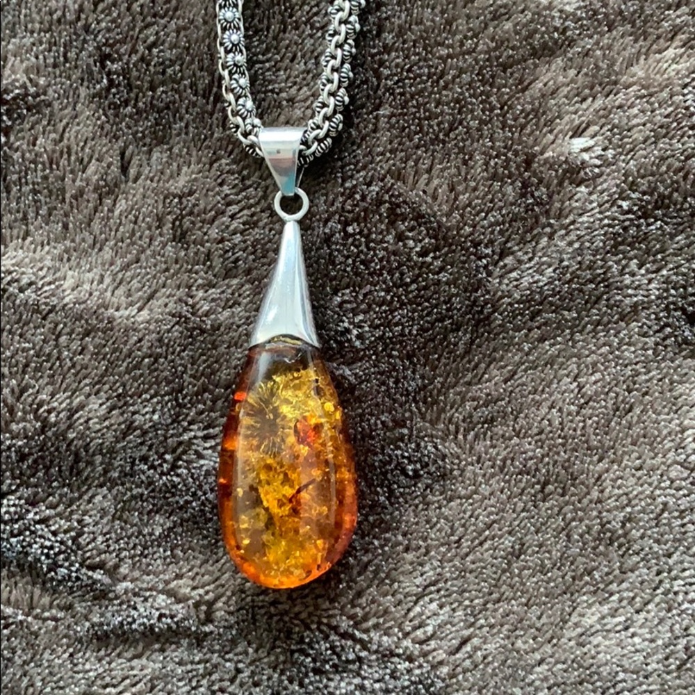 Tear Drop Amber Silver Pendant
